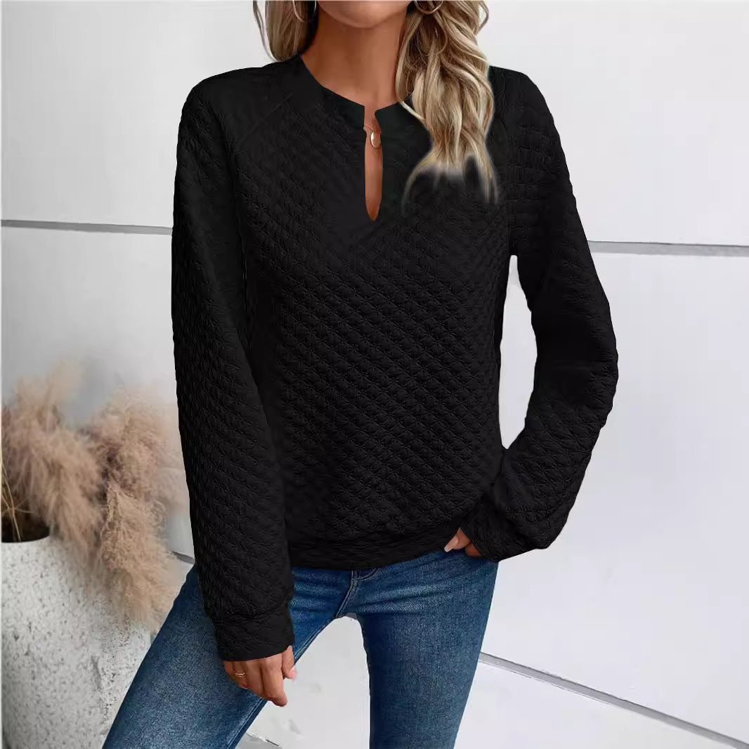 Women Quilted Cozy Sweater with Slit Collar Mune Fashion