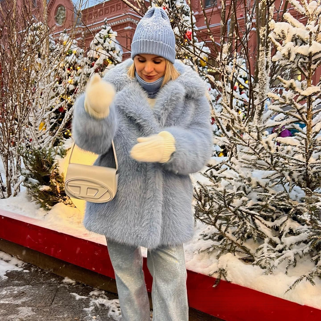 Women's Long Pile Oversized Faux Fur Coat with Boxy Silhouette and Open Cut Mune Fashion