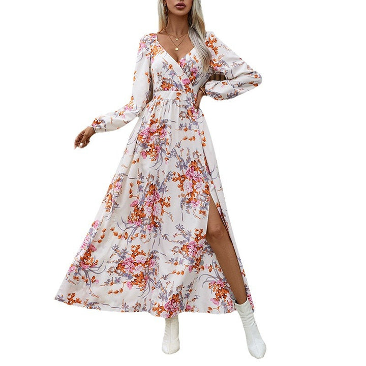 Women’s maxi dress with wrap effect, V-neck, waist gathering & side leg slit Mune Fashion