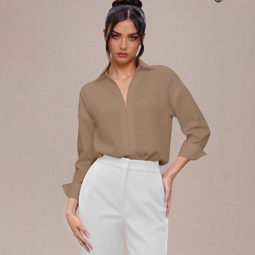 Women Elegant Shirt Blouse Bodysuit with V-Neck, Oversized Cut and Cuff Flaps Mune Fashion
