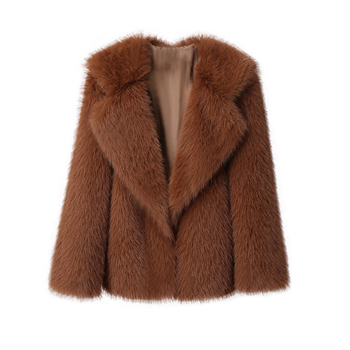 Ladies Luxurious Short Coat made of Long-Pile Faux Fur with Wide Shawl Collar Mune Fashion