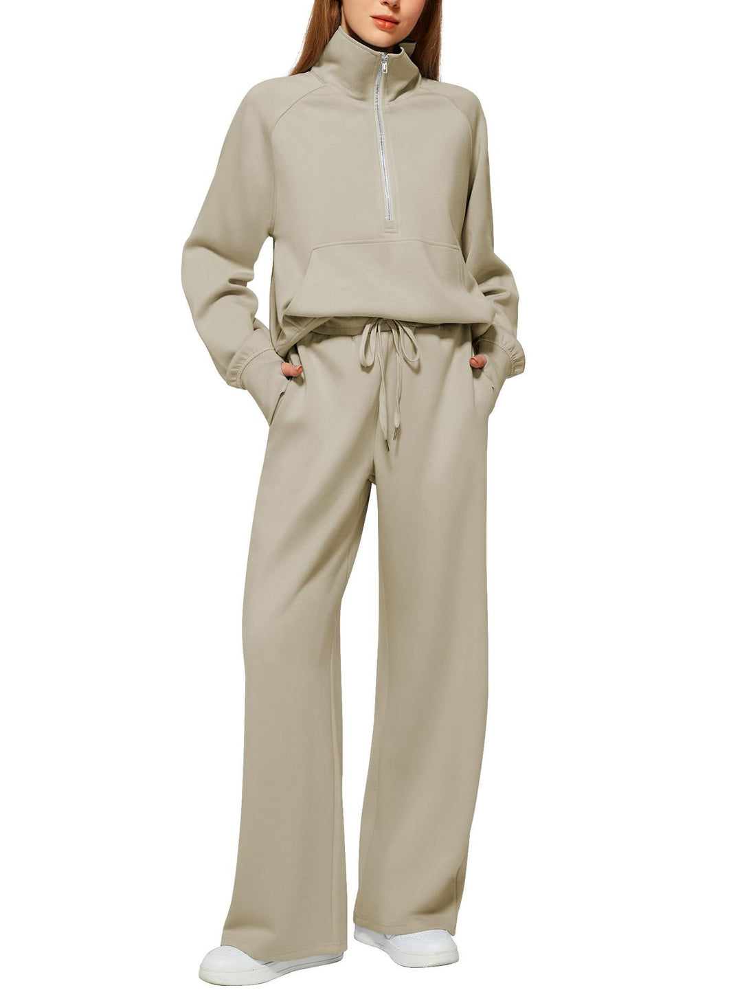 Women half-zip lounge set with high stand-up collar, kangaroo pocket and wide high-waist joggers Mune Fashion