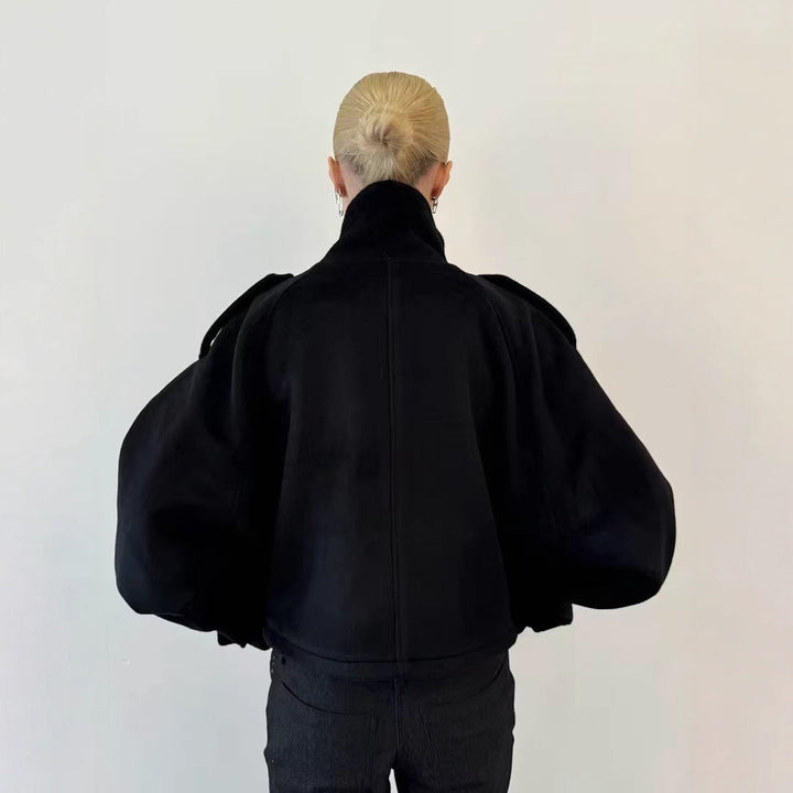 Women's Short Oversize Wool Jacket with Stand-up Collar and Epaulets Mune Fashion