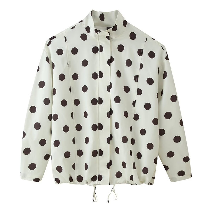 Women's Dotted Windbreaker Blouson Jacket with Stand Collar, Concealed Zipper, and Drawstring Hem Mune Fashion