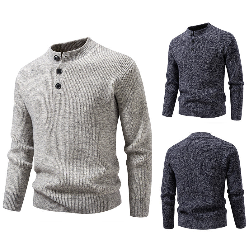 Men's fine knit henley pullover with short stand-up collar, button placket and ribbed cuffs Mune Fashion
