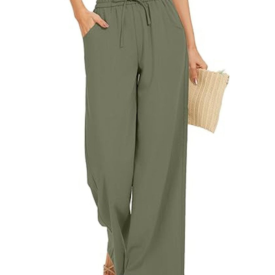 Women's wide linen pants with high elastic waistband, drawstring, and side pockets Mune Fashion