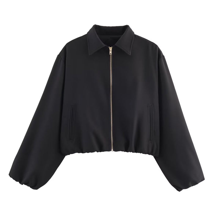 Ladies short fitted bomber jacket with shirt collar, concealed zipper and elastic hem Mune Fashion