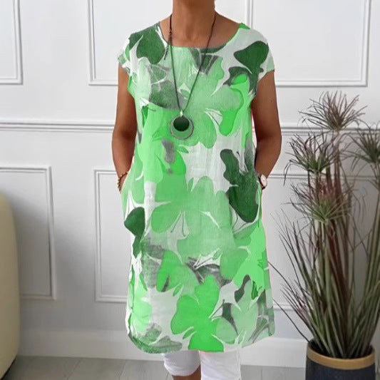 Ladies' airy tunic midi dress made of linen blend with watercolor flower print and side pockets Mune Fashion