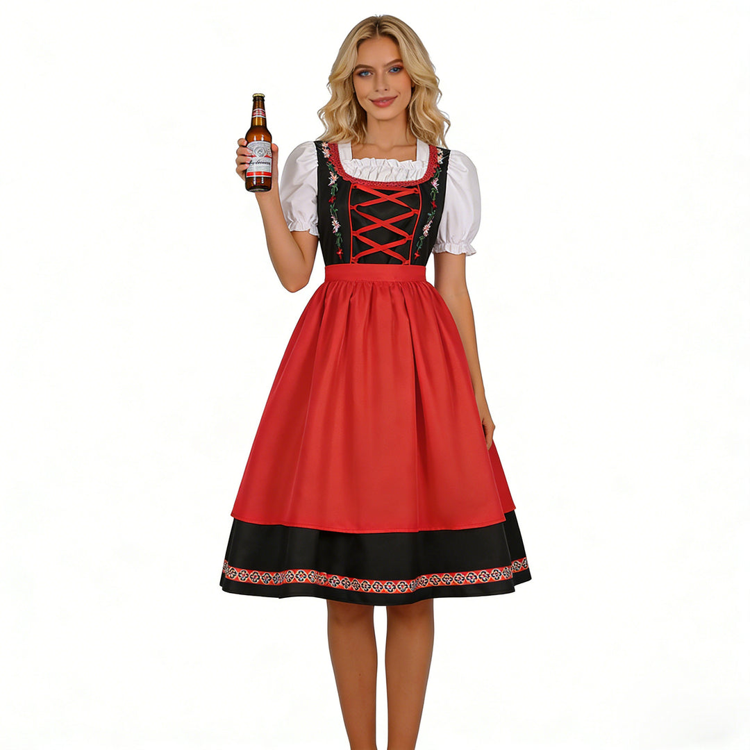 Ladies' traditional dirndl dress with embroidered bodice, puff sleeves, and apron Mune Fashion