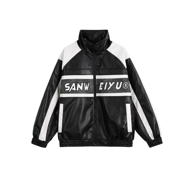 Unisex Retro-inspired Faux Leather Bomber Jacket with Stand-up Collar, Contrast Stripes and Letter Patch Mune Fashion
