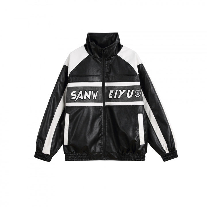 Unisex Retro-inspired Faux Leather Bomber Jacket with Stand-up Collar, Contrast Stripes and Letter Patch Mune Fashion