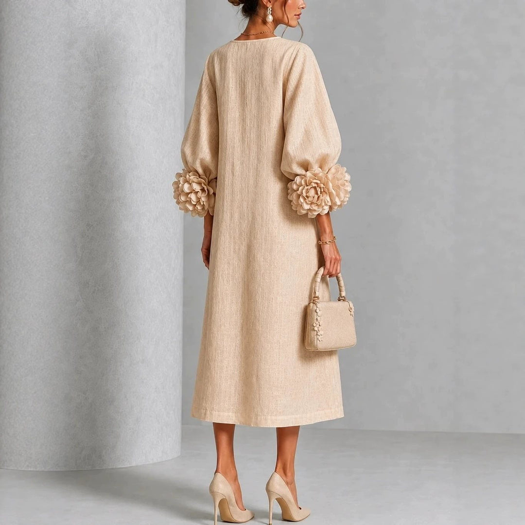 Women's midi dress made of linen with balloon sleeves and 3D flower cuffs Mune Fashion