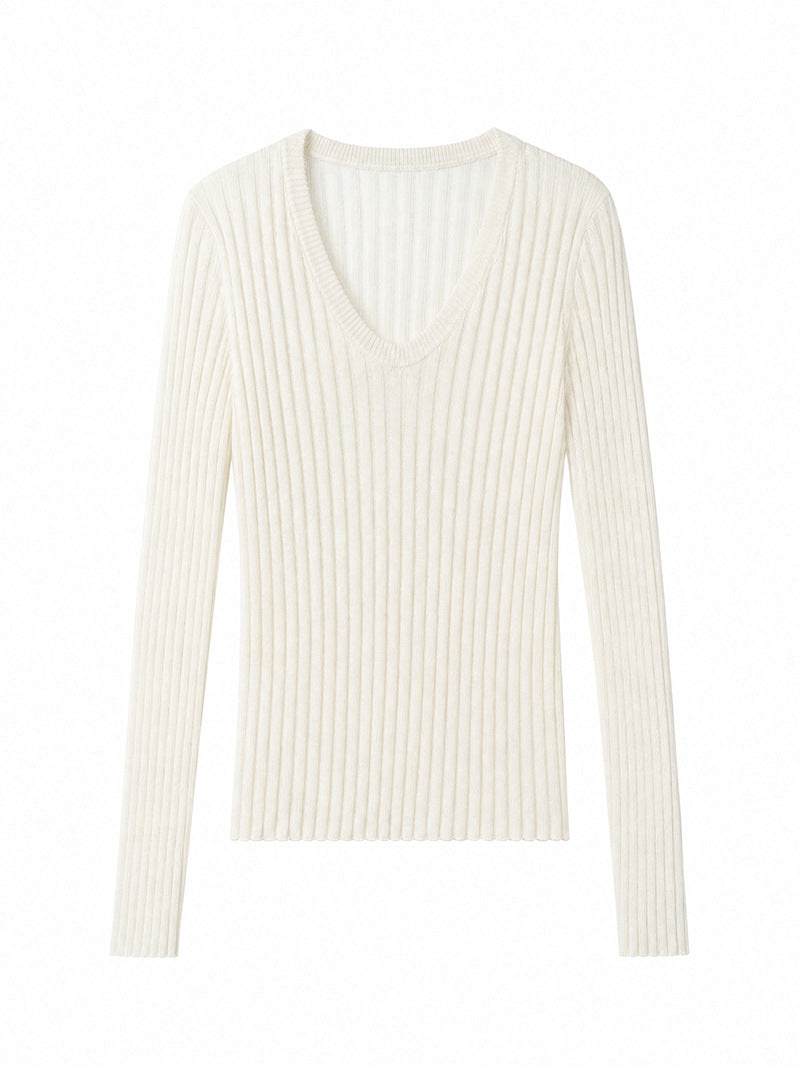 Women Tight Fine Knit Long Sleeve with Deep V-Neck and Wide Ribbed Structure Mune Fashion