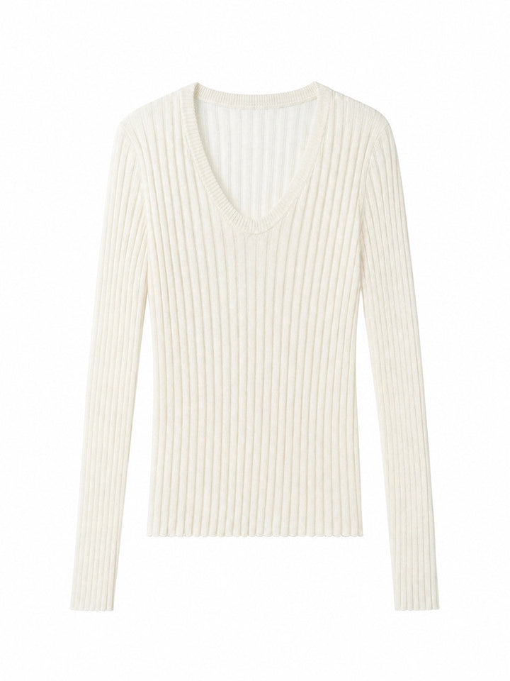 Women Tight Fine Knit Long Sleeve with Deep V-Neck and Wide Ribbed Structure Mune Fashion