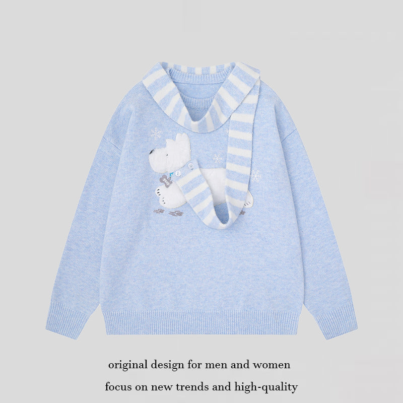 Women's Cozy Knit Sweater with Polar Bear Applique and Integrated Striped Scarf Mune Fashion
