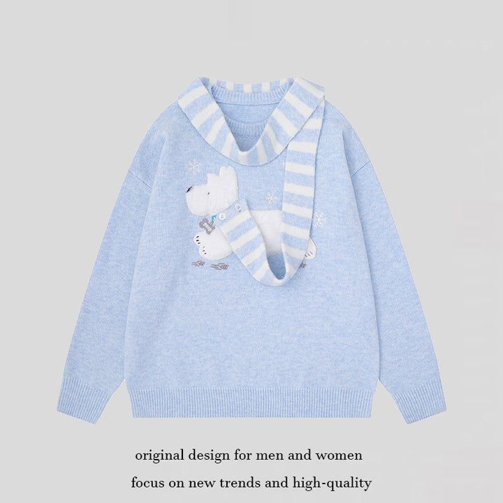 Women's Cozy Knit Sweater with Polar Bear Applique and Integrated Striped Scarf Mune Fashion