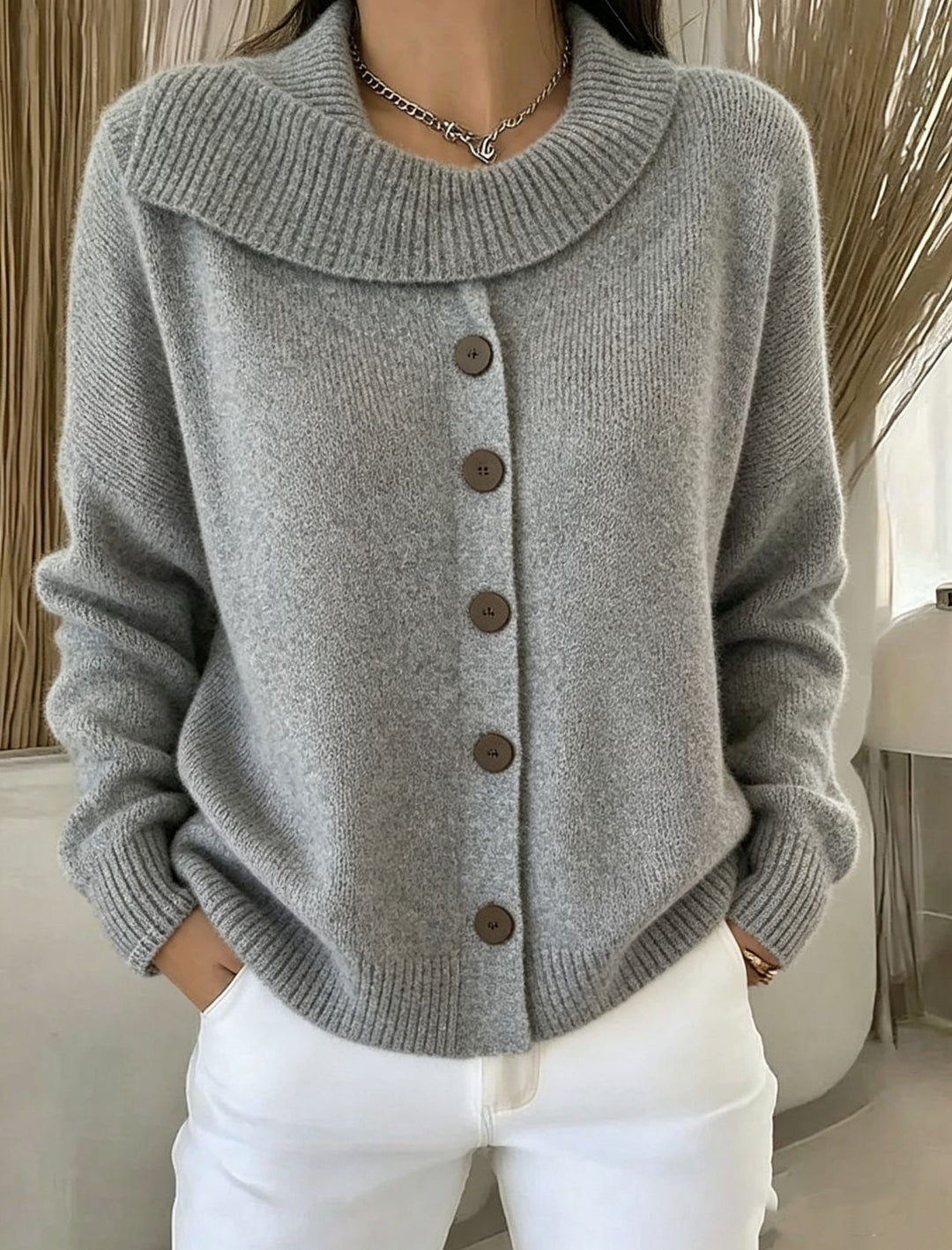 Women's Cozy Button Cardigan with Wide Roll Neck and Ribbed Cuffs Mune Fashion