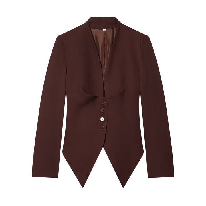 Women's Tailored Cropped Blazer with Pointed Hem and Deep V-Neck Mune Fashion