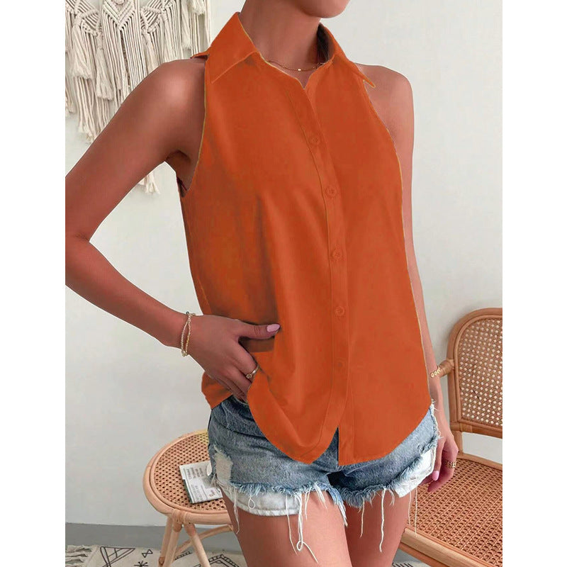 Women's Sleeveless Shirt with Classic Collar and Chic Cut Mune Fashion
