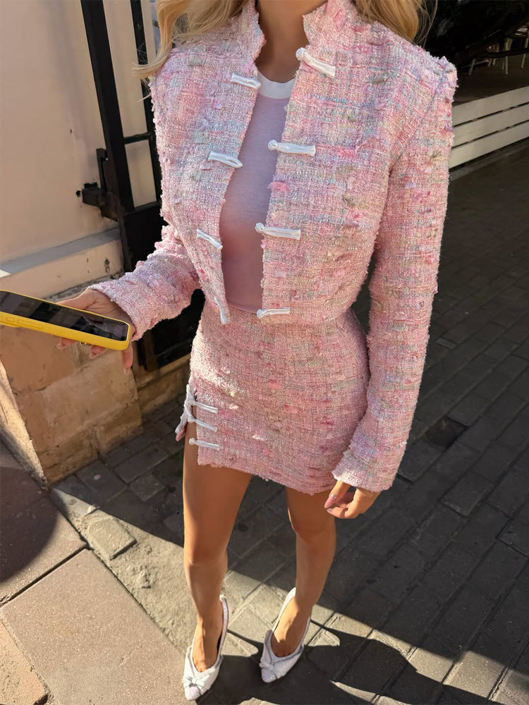 Women Tweed Two-Piece Short Jacket and Mini Skirt in Boucle Style Mune Fashion