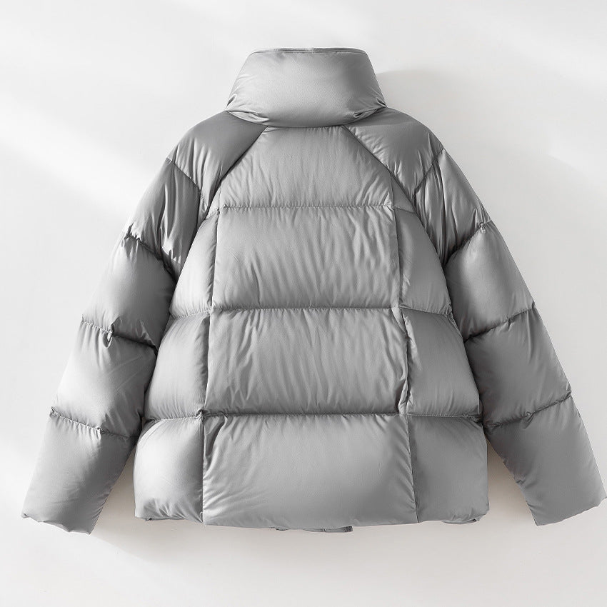 Women Short Boxy Puffer Jacket with High Stand Collar and Raglan Sleeves Mune Fashion