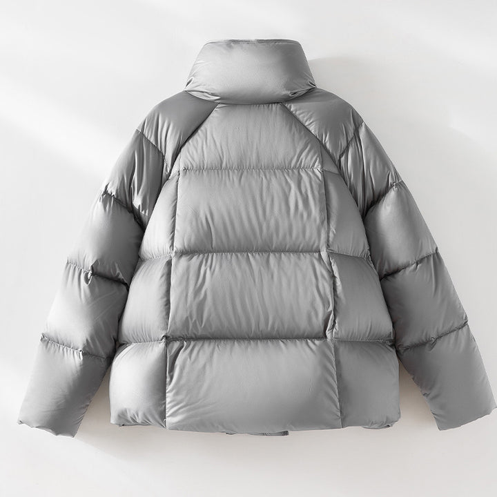 Women Short Boxy Puffer Jacket with High Stand Collar and Raglan Sleeves Mune Fashion
