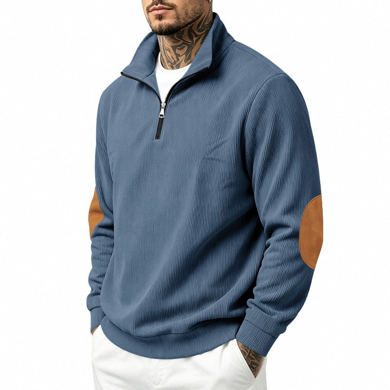 Men's fine knit half-zip sweater with cord structure and contrast elbow patches Mune Fashion