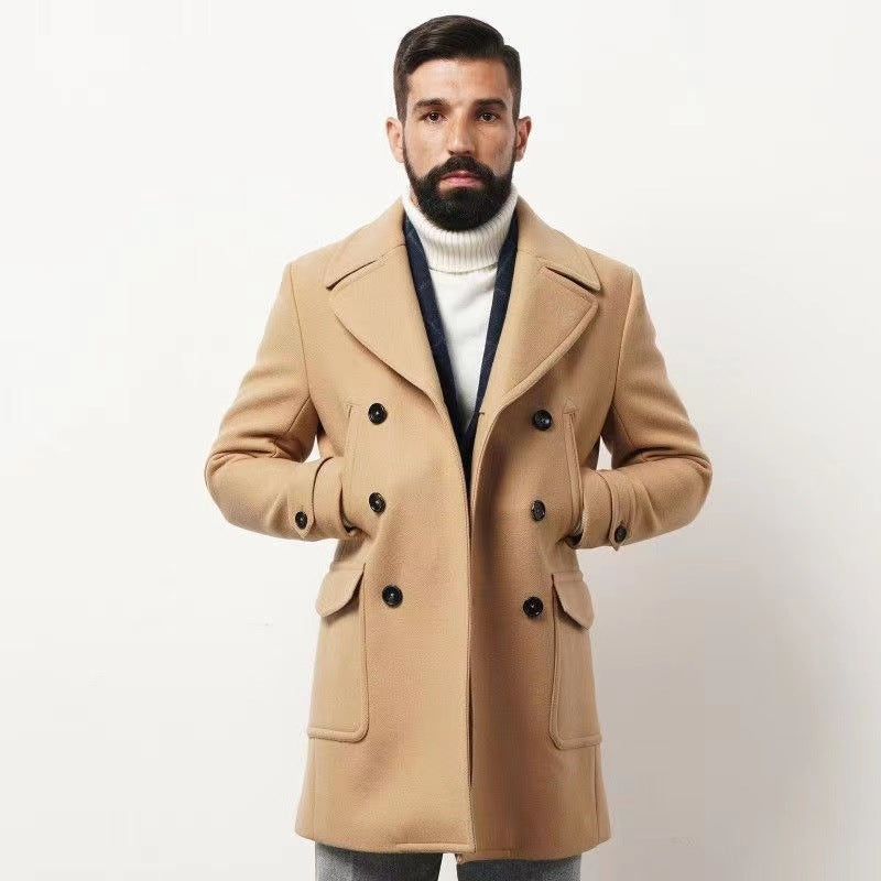 Men's Double-Breasted Peacoat made of Wool Blend with Metal Buttons and Flap Pockets Mune Fashion
