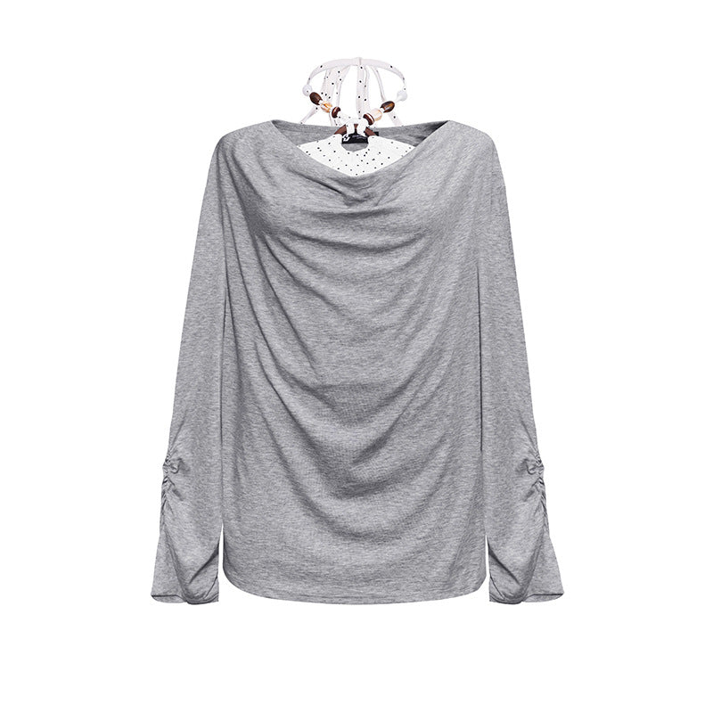 Women Long Draped Long Sleeve Shirt with Waterfall Collar and Gathered Sleeves Mune Fashion