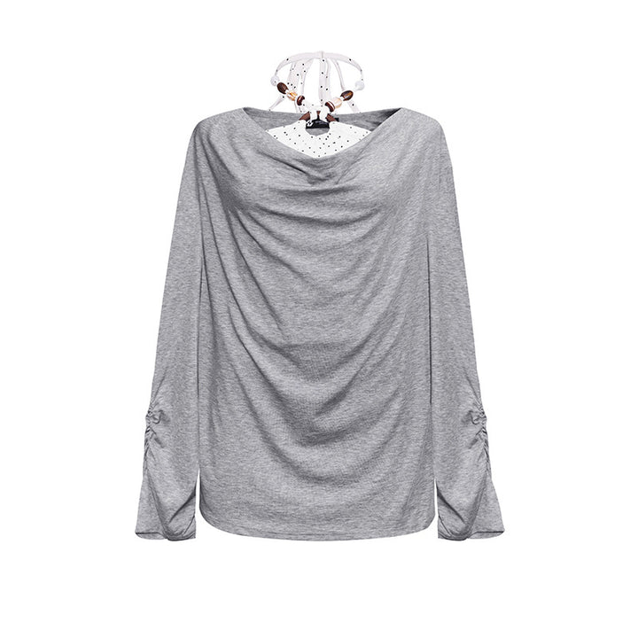 Women Long Draped Long Sleeve Shirt with Waterfall Collar and Gathered Sleeves Mune Fashion
