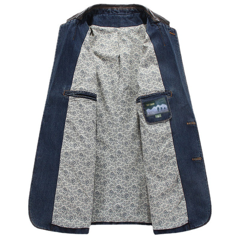 Men's Elegant Denim Blazer Style Jacket with Faux Leather Trim and Paisley Lining Mune Fashion