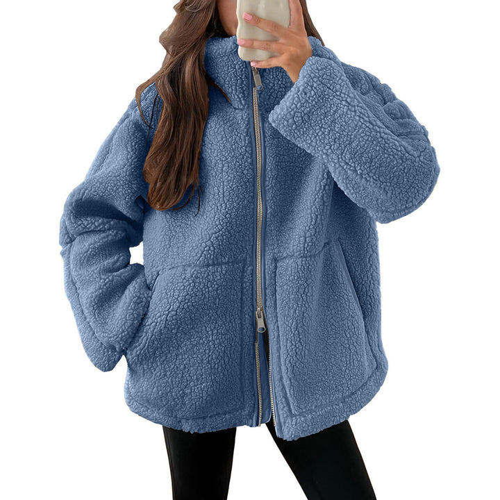 Women's oversized teddy fleece jacket with stand-up collar and full-length zipper Mune Fashion