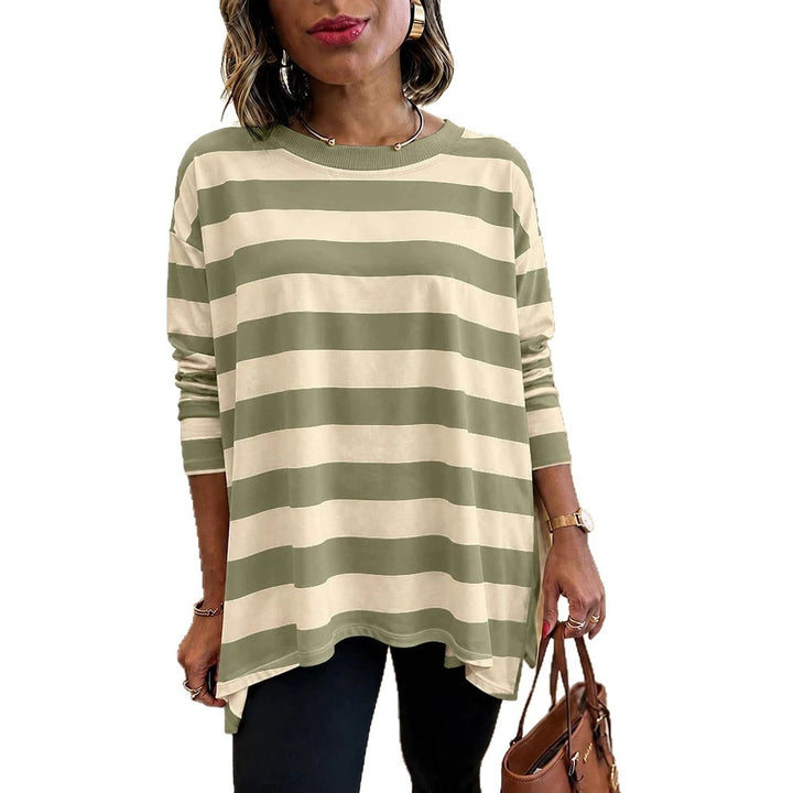 Women Oversized Striped Long Sleeve with Round Neckline and Rounded Hem Drune
