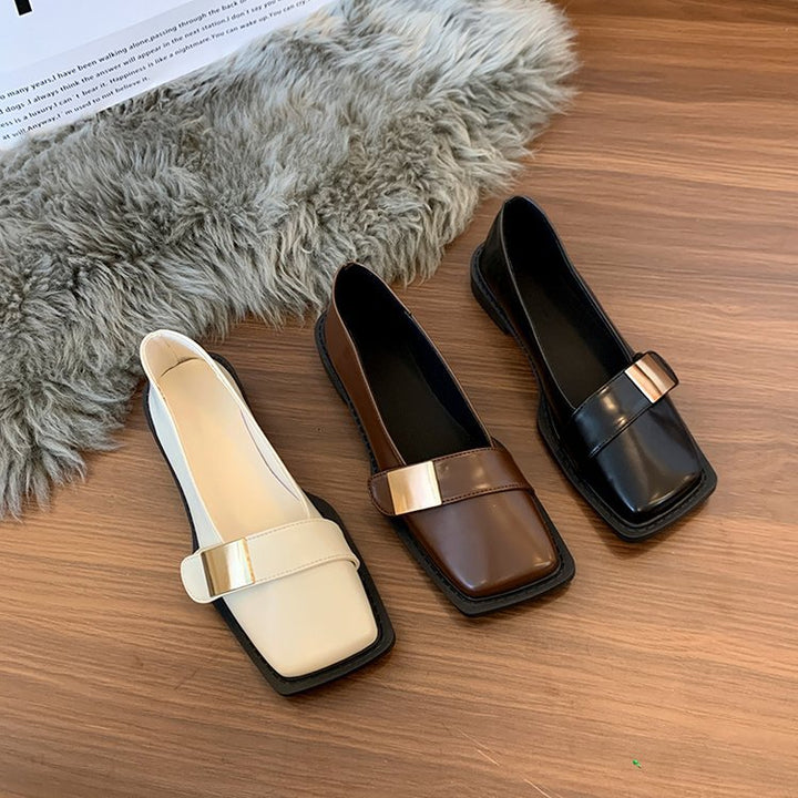 Women's Elegant Loafers with Square Toe Cap and Gold Decorative Plate Mune Fashion
