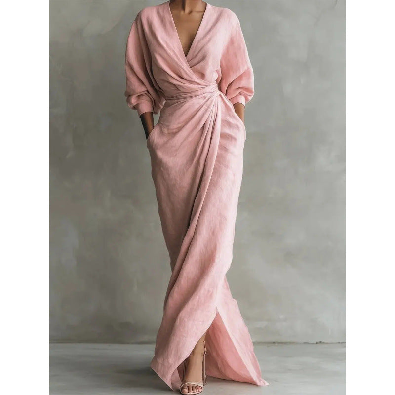 Women's Draped Wrap Maxi Dress with Deep V-Neck, Waist Twist and Side Pockets Drune
