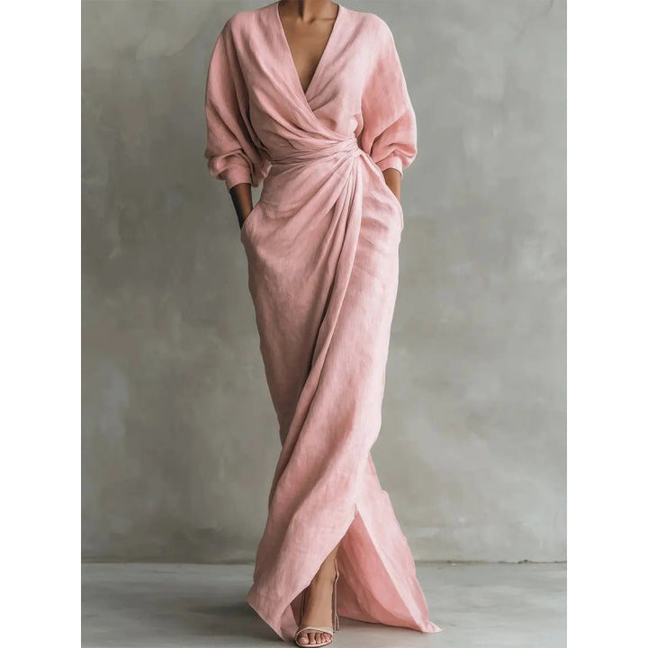 Women's Draped Wrap Maxi Dress with Deep V-Neck, Waist Twist and Side Pockets Drune