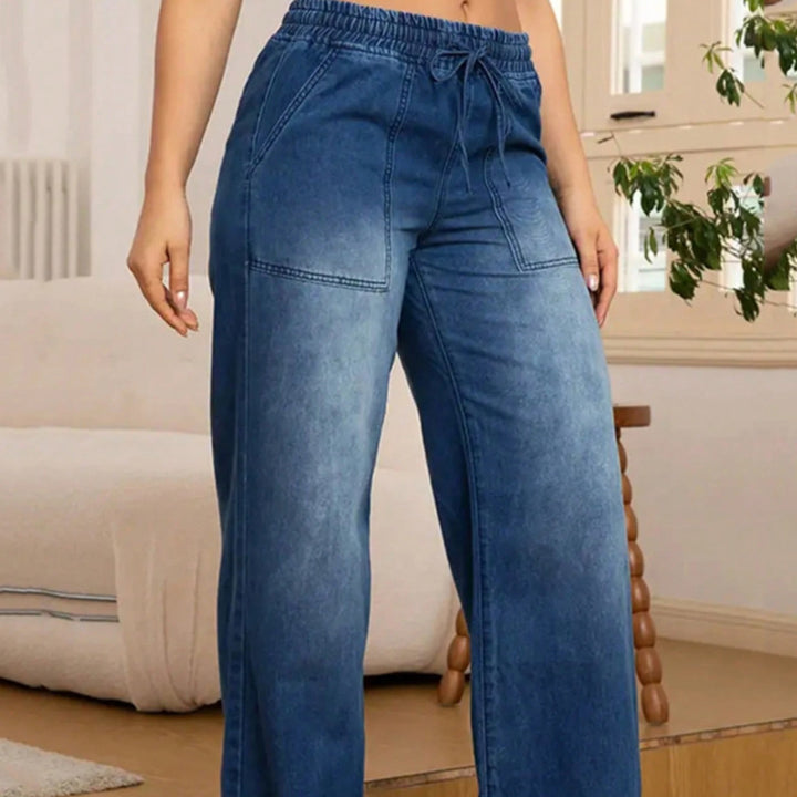 Women's Wide High-Waist Jeans with Elastic Waistband and Drawstring Mune Fashion