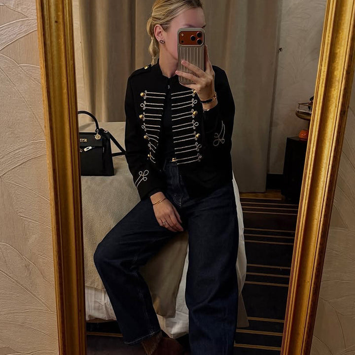 Women's short-cut military jacket with gold-embellished cords Mune Fashion
