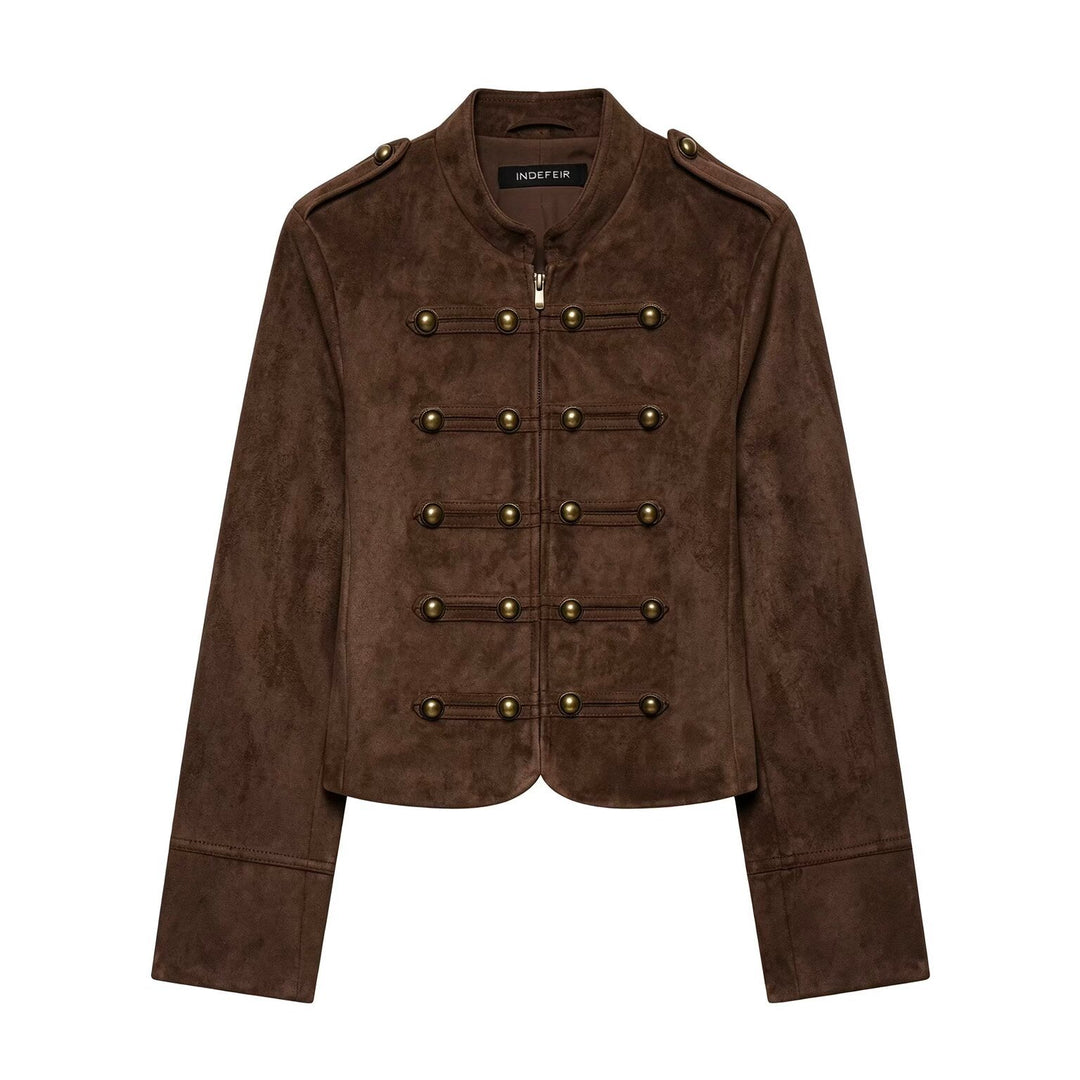 Women’s short military-style jacket made of velour imitation with stand-up collar, epaulettes, and decorative button placket Mune Fashion