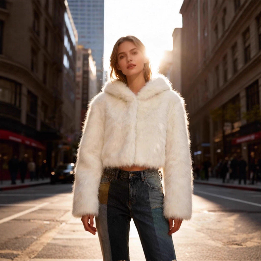 Women's Cropped Faux Fur Jacket with Hood, Smooth High-Pile Look and Narrow Hem Mune Fashion