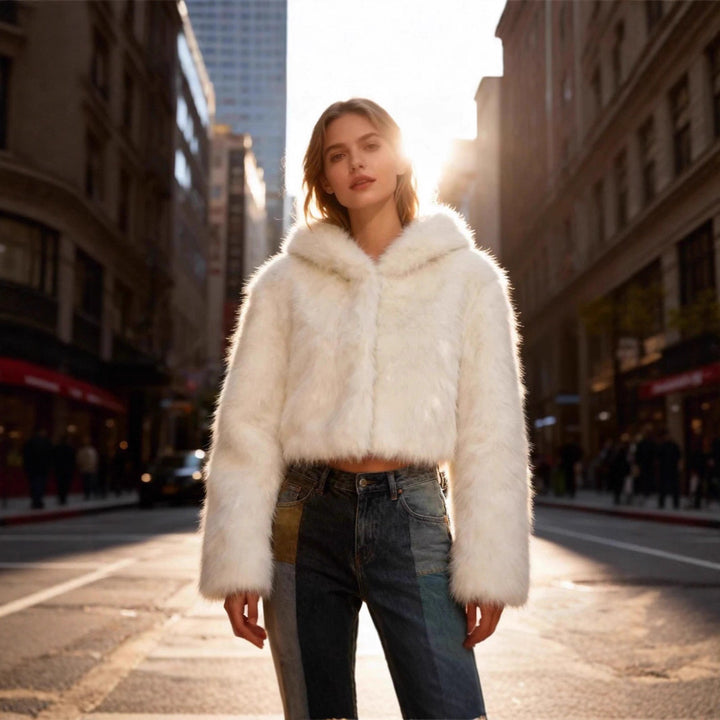 Women's Cropped Faux Fur Jacket with Hood, Smooth High-Pile Look and Narrow Hem Mune Fashion