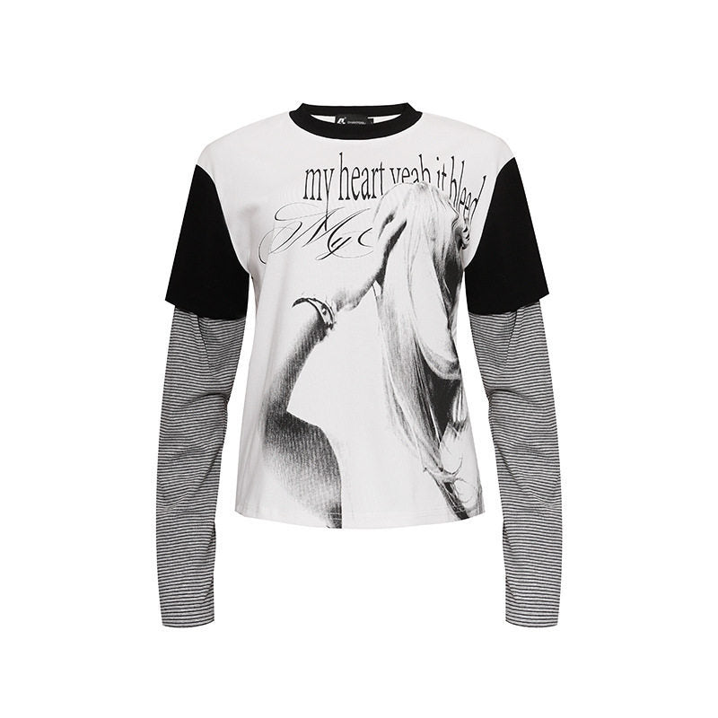 Women's Layered Long Sleeve Shirt with Photo Print, Contrasting Short Sleeves and Striped Inner Sleeves Mune Fashion