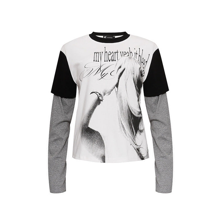 Women's Layered Long Sleeve Shirt with Photo Print, Contrasting Short Sleeves and Striped Inner Sleeves Mune Fashion
