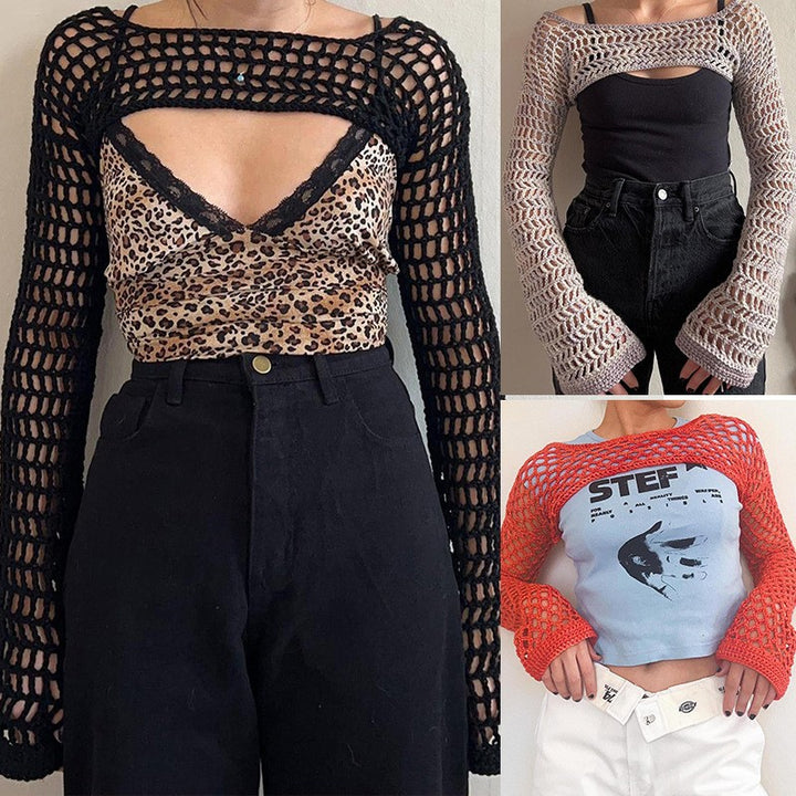 Women's Crocheted Long Sleeve Top with Off-Shoulder Design Mune Fashion