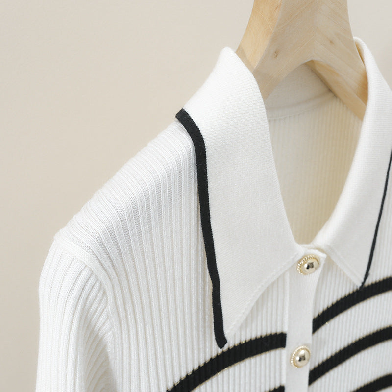 Women’s marine-inspired ribbed knit cardigan with polo collar and decorative button placket Mune Fashion