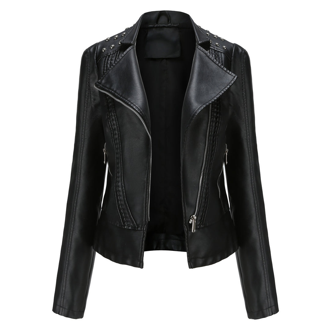 Women's nan biker jacket made of faux leather with studded details and asymmetric zipper Mune Fashion