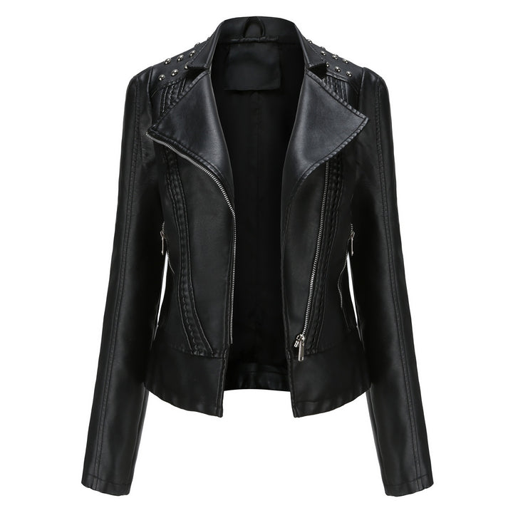 Women's nan biker jacket made of faux leather with studded details and asymmetric zipper Mune Fashion