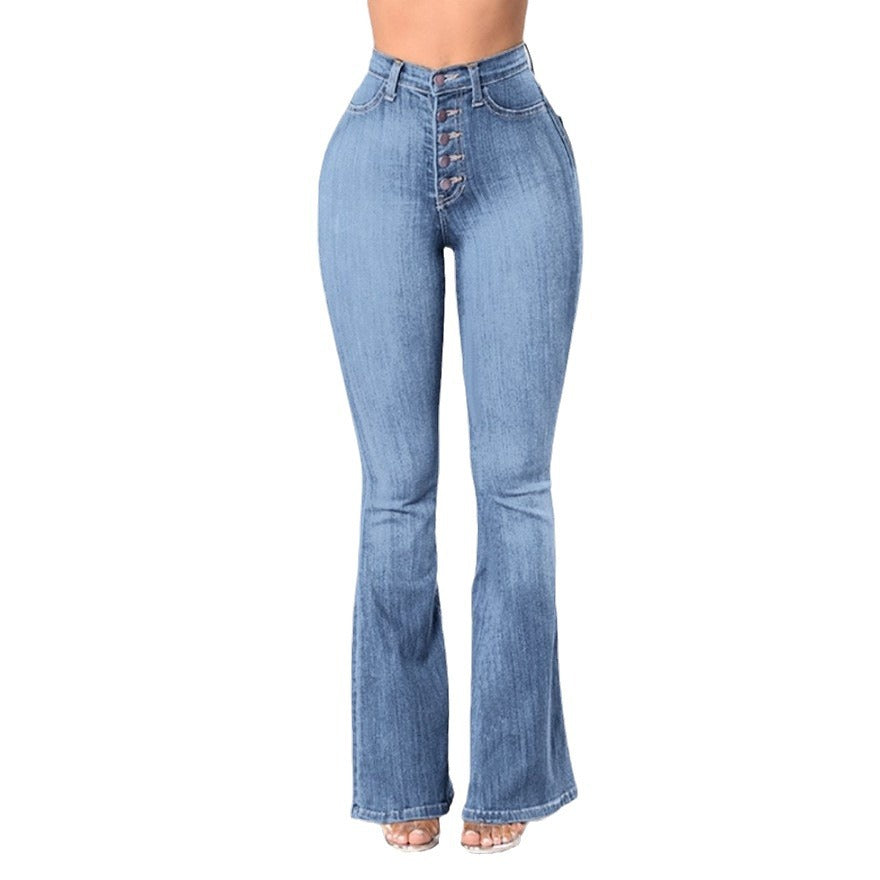 Women's high-waisted bootcut jeans with visible button placket, figure-flattering stretch, and slim thigh Mune Fashion