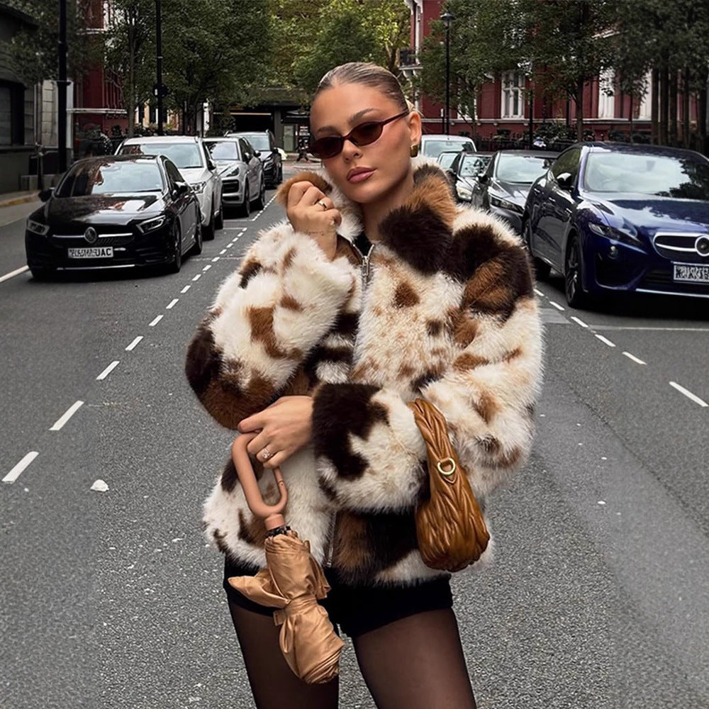 Women's Short Patchwork Faux Fur Blouson with Stand Collar and Concealed Zipper Mune Fashion