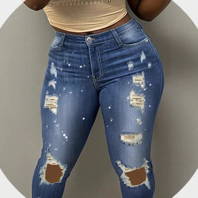 Women's high-waisted skinny super stretch jeans with used knee rips and paint splatter Mune Fashion